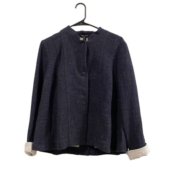 Eileen Fisher Jackets & Blazers - Eileen Fisher Dark Blue Mandarin Stitched Cotton Linen Tweed Collar Snap Button